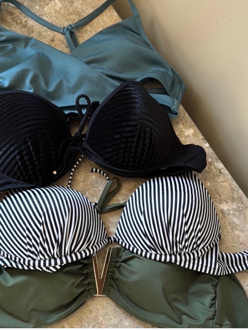 Swim bundle Victoria's Secret Olive, Black and Black-and-White Stripe Bikini Top